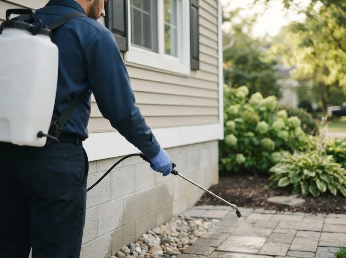 Pest control technician inspecting a home in Hunnewell, MO